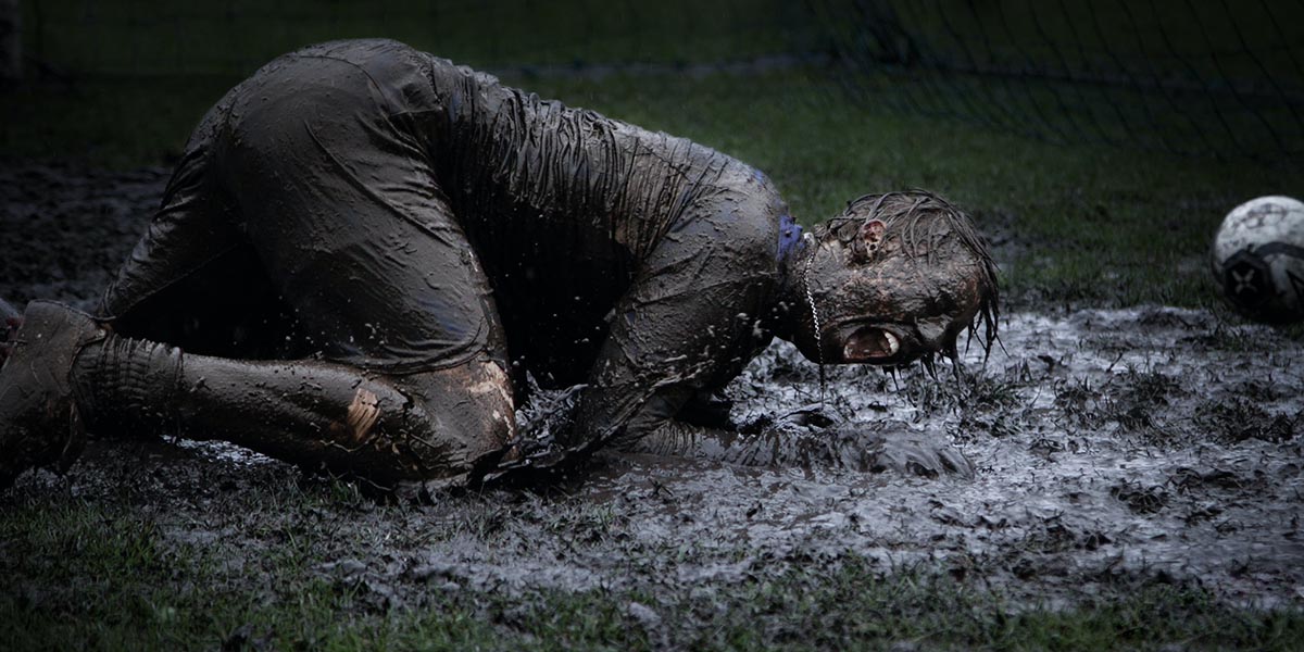 fotboll, målvakt, lera